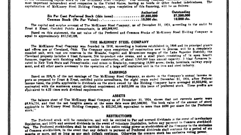 우선주 트렌드와 관련된 Advertisement for the McKinney Steel Holding initial preferred stock offering of 1925. James W. Corrigan held 40 percent of McKinney Steel Stock. He lacked the funds to purchase th