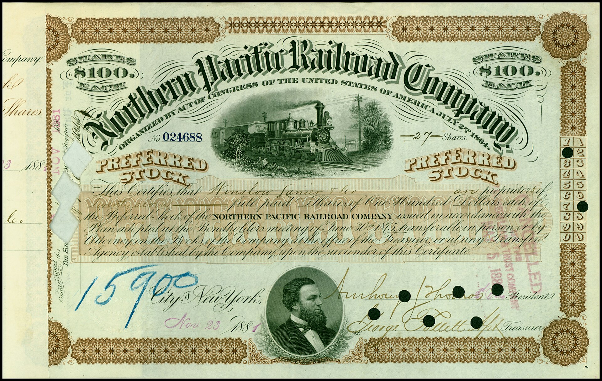 우선주 트렌드와 관련된 Preferred Shares of the Northern Pacific Railroad Company, issued 28. November 1881